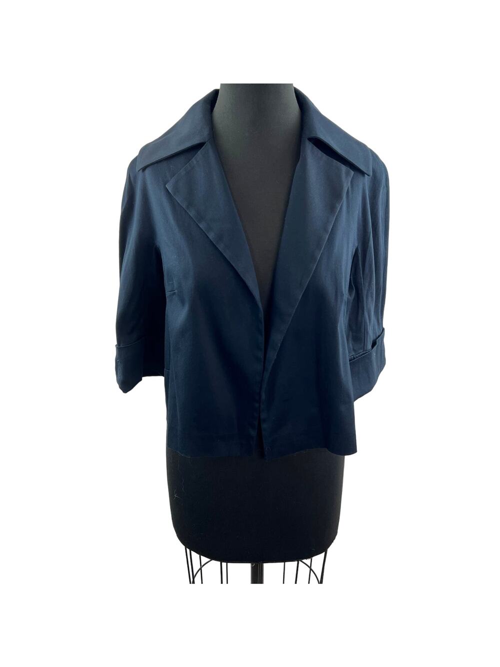 BOTONDI MILANO Navy Blue Cotton Blend 3/4 Sleeve Open Front Notched Lapel Top 44
